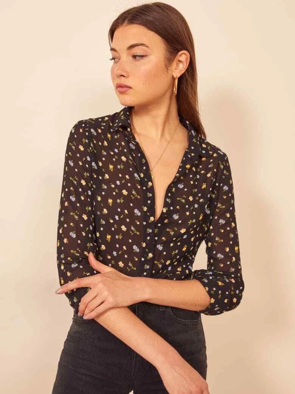 Reformation | Violet Blouse in Lansky Black Ditsy Floral Medium